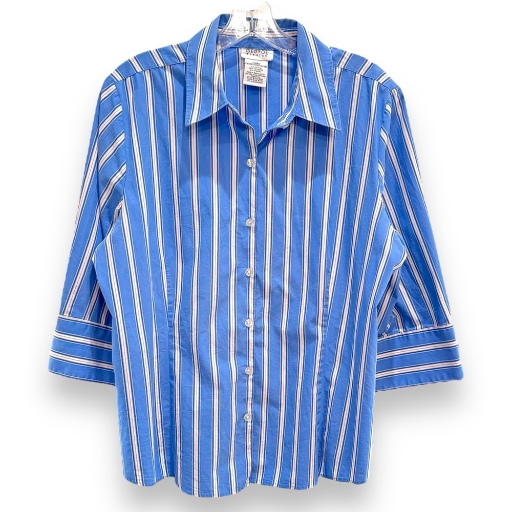 George Stretch Size XL (16-18) Blue Striped 3/4 Sleeve Button Front Shirt